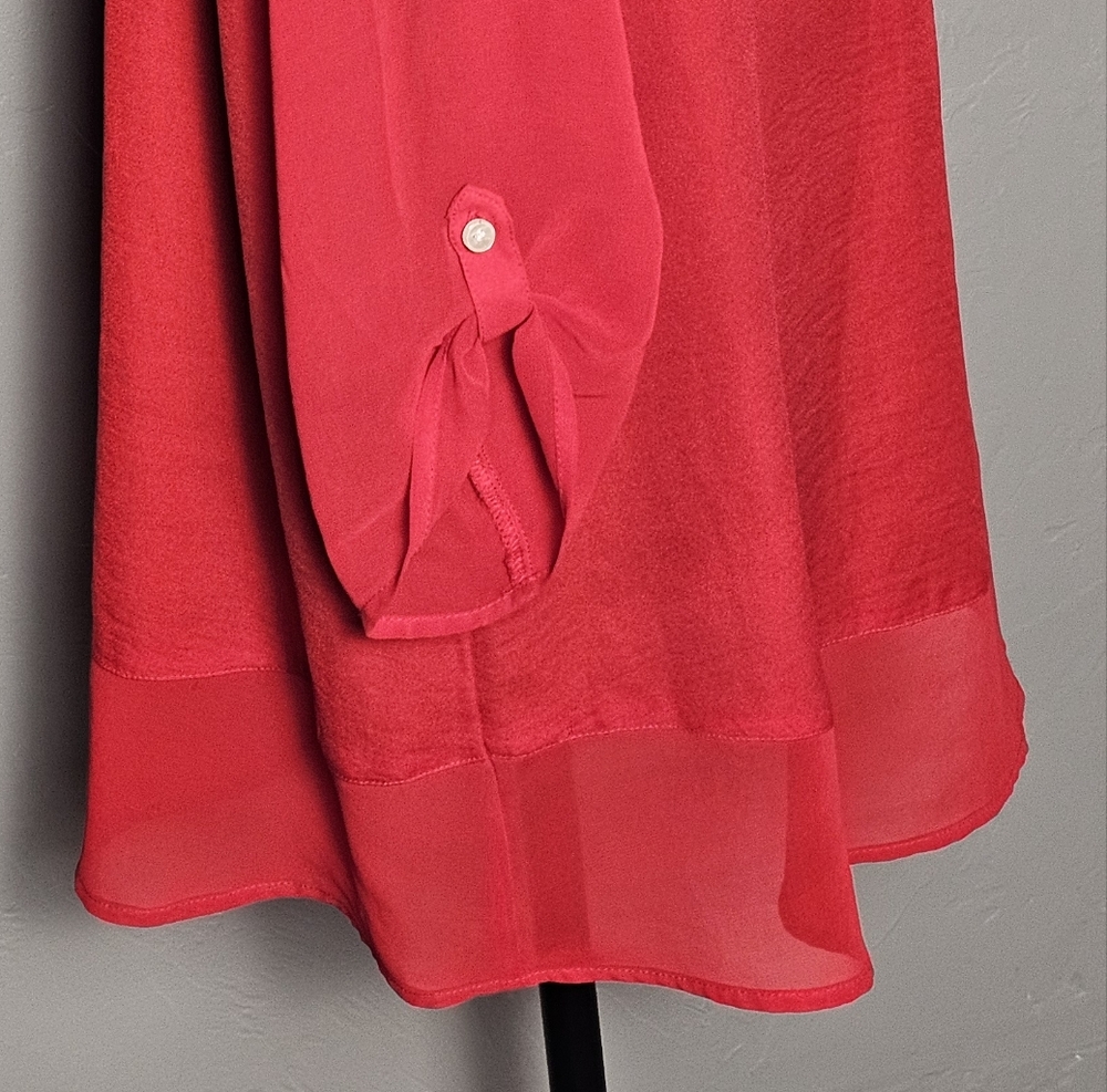 [EXPRESS] Bright Red Partially Sheer & Lined Blouse ○● Half Button-Down V-Neck - Picture 8 of 16